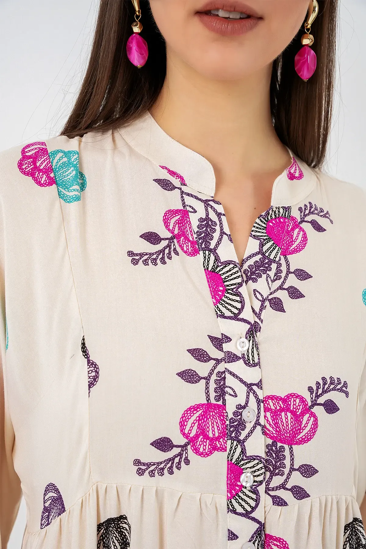 Kadın Desenli Uzun Tesettür Elbise 2585 - C. Fuşya