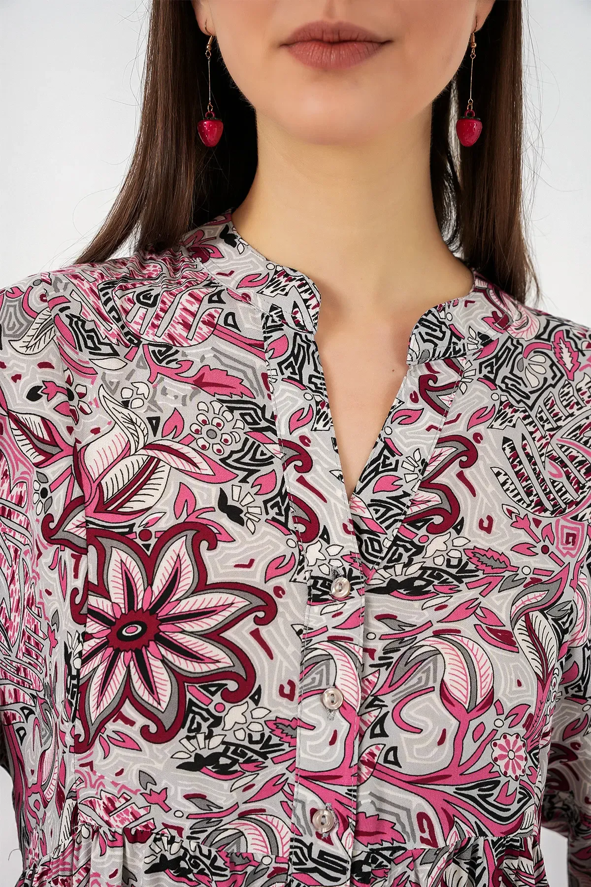 Kadın Desenli Uzun Tesettür Elbise 2585 - C.Gri