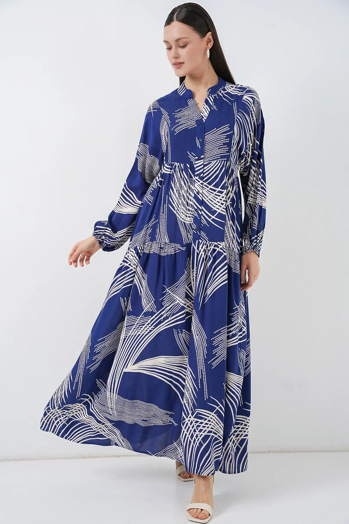 Kadın Desenli Uzun Tesettür Elbise 2585 - C.Lacivert