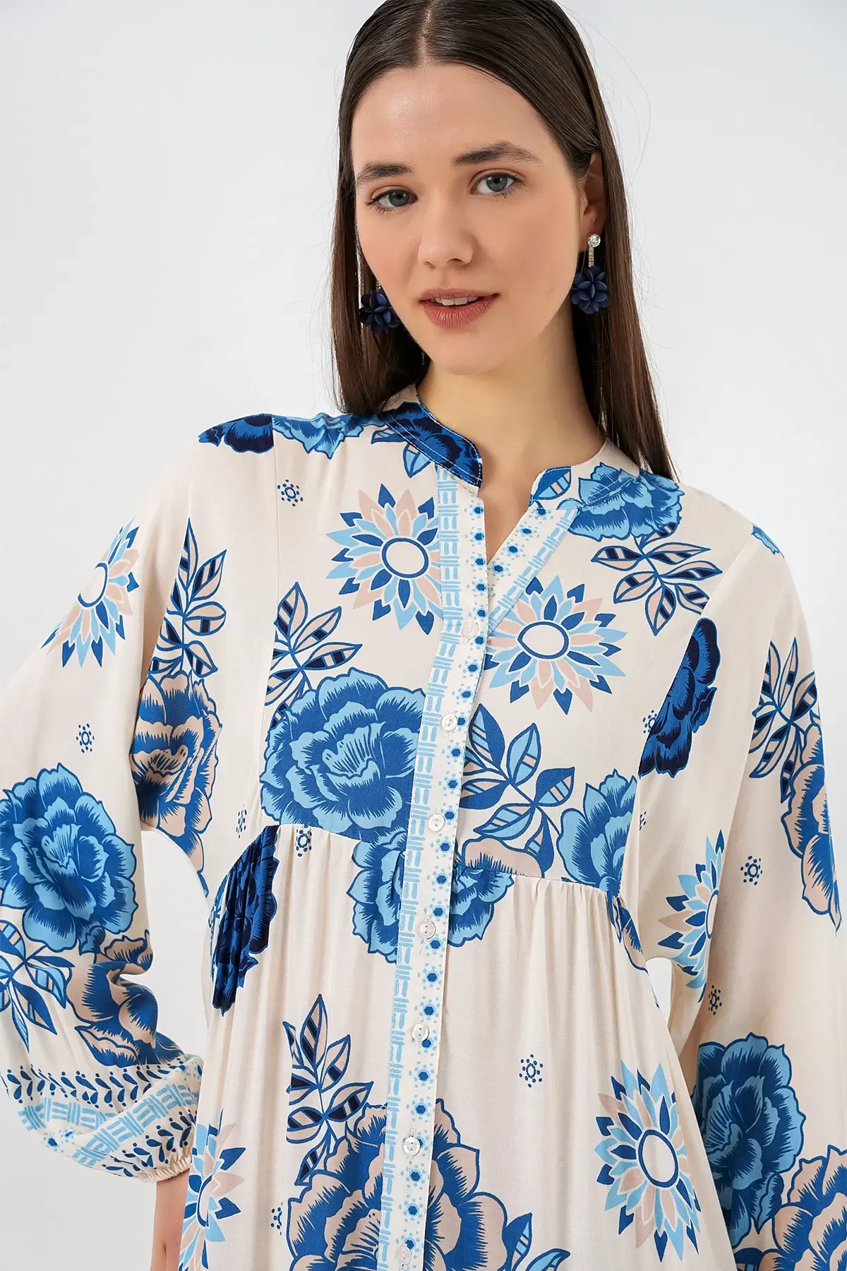 Kadın Desenli Uzun Tesettür Elbise 2585 - C.Saks