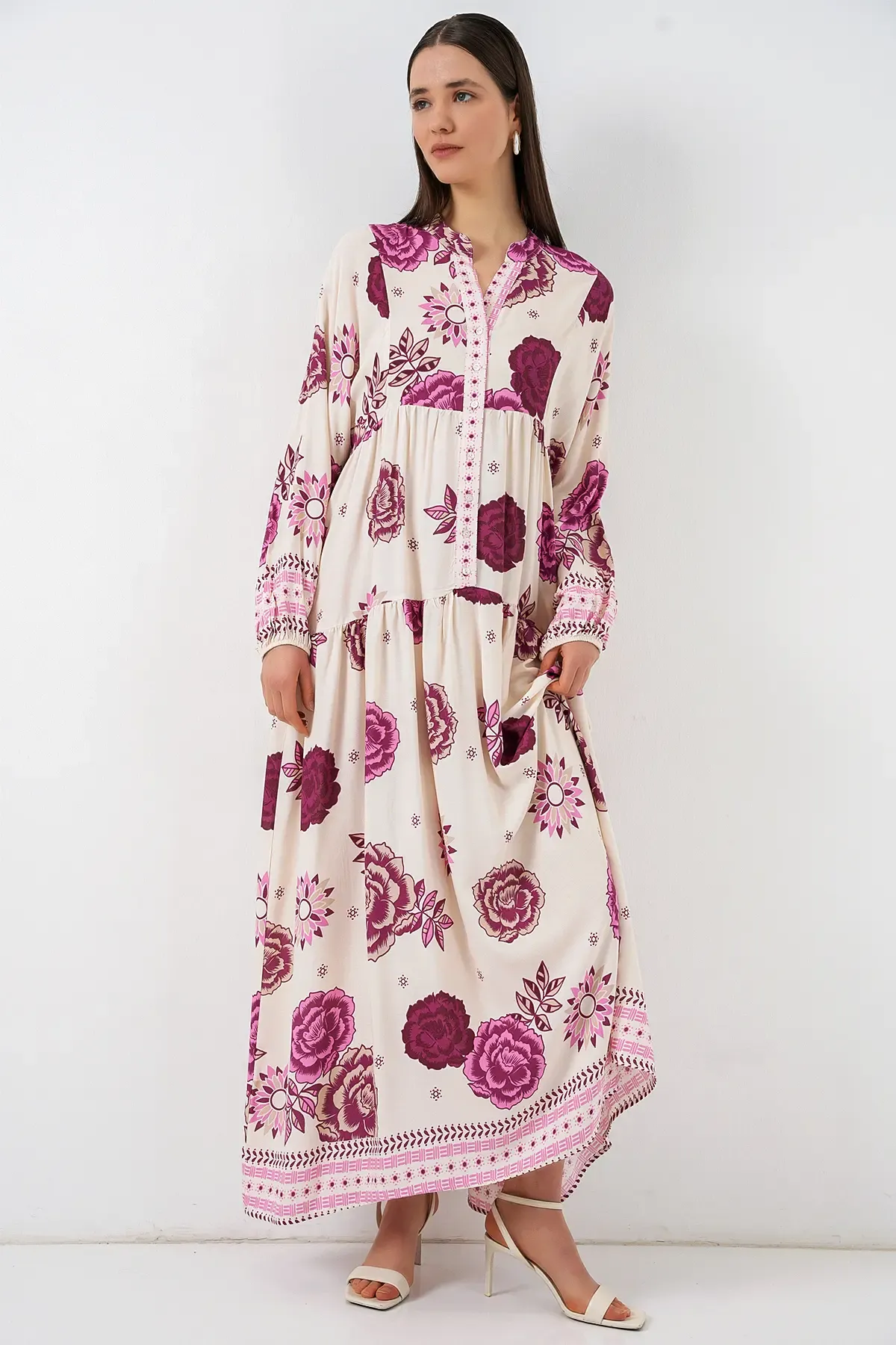 Kadın Desenli Uzun Tesettür Elbise 2585 - D. Fuşya