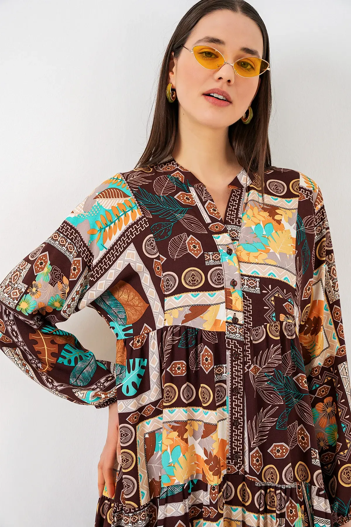 Kadın Desenli Uzun Tesettür Elbise 2585 - D.Kahve