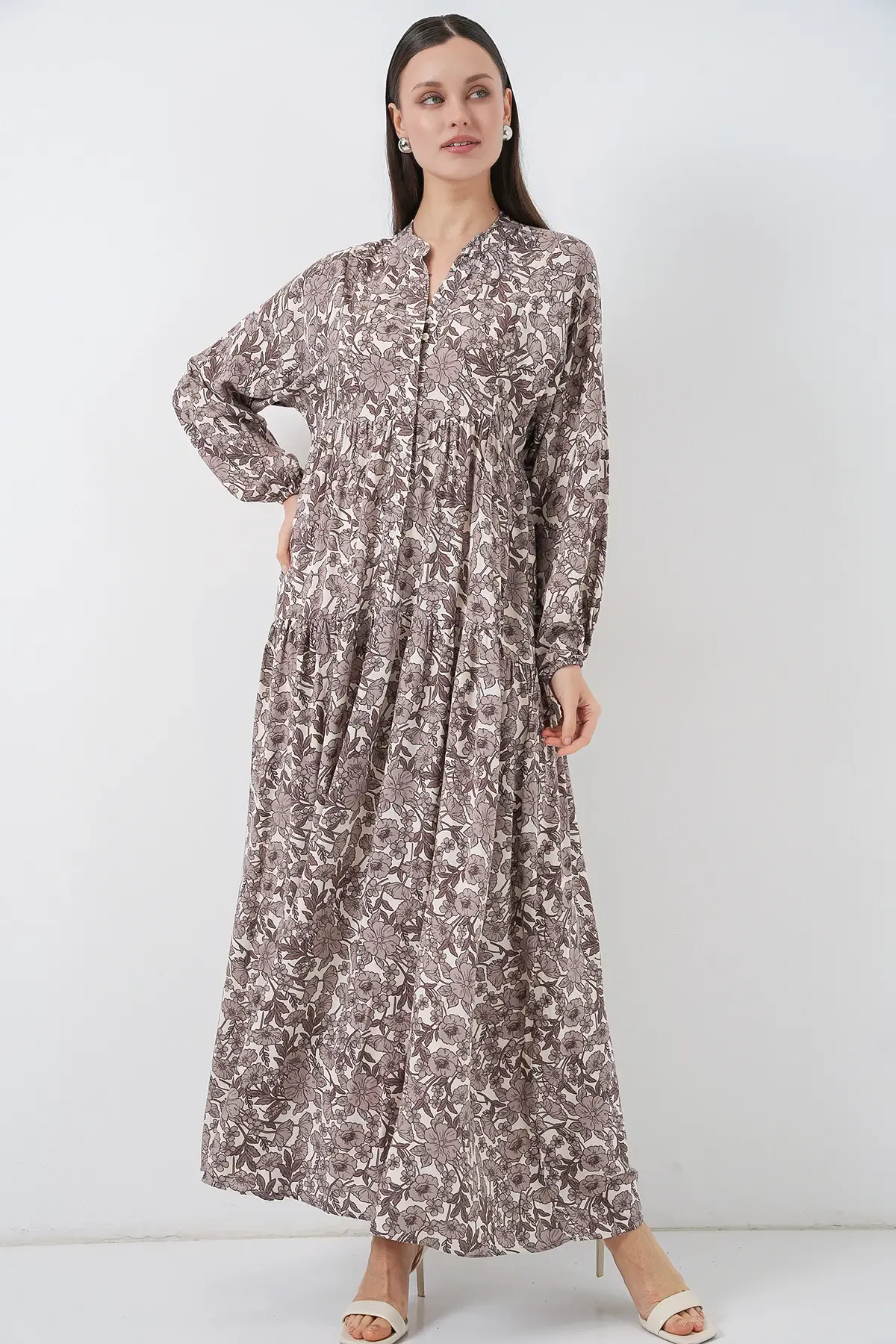 Kadın Desenli Uzun Tesettür Elbise 2585 - E. Kahve