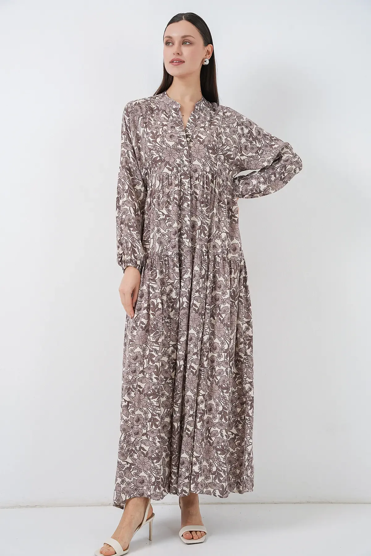 Kadın Desenli Uzun Tesettür Elbise 2585 - E. Kahve