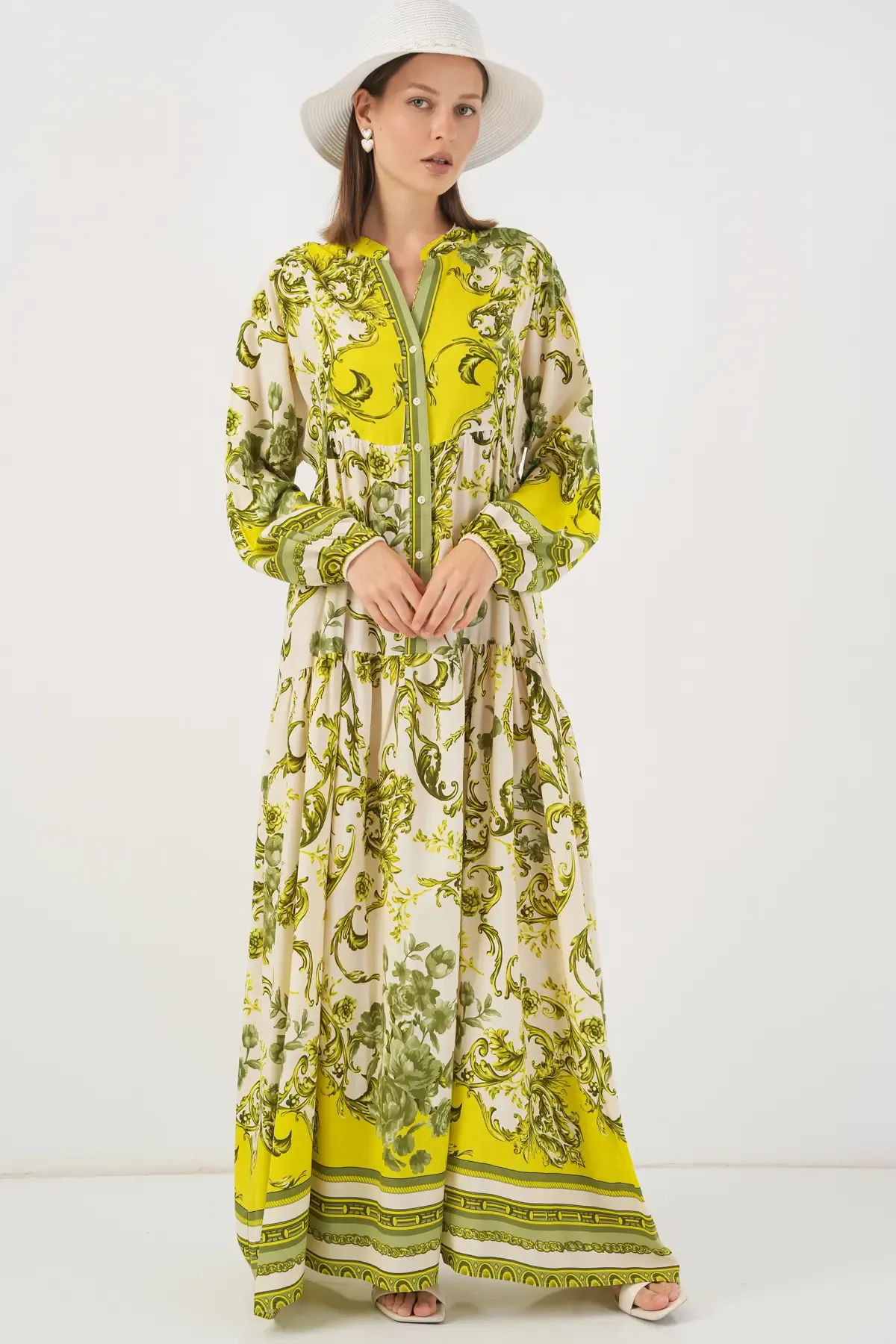 Kadın Desenli Uzun Tesettür Elbise 2585 - E.Yeşil