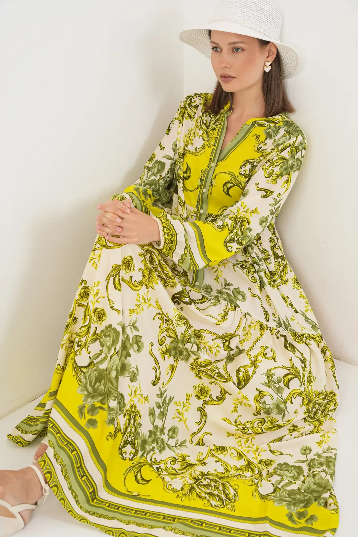 Kadın Desenli Uzun Tesettür Elbise 2585 - E.Yeşil