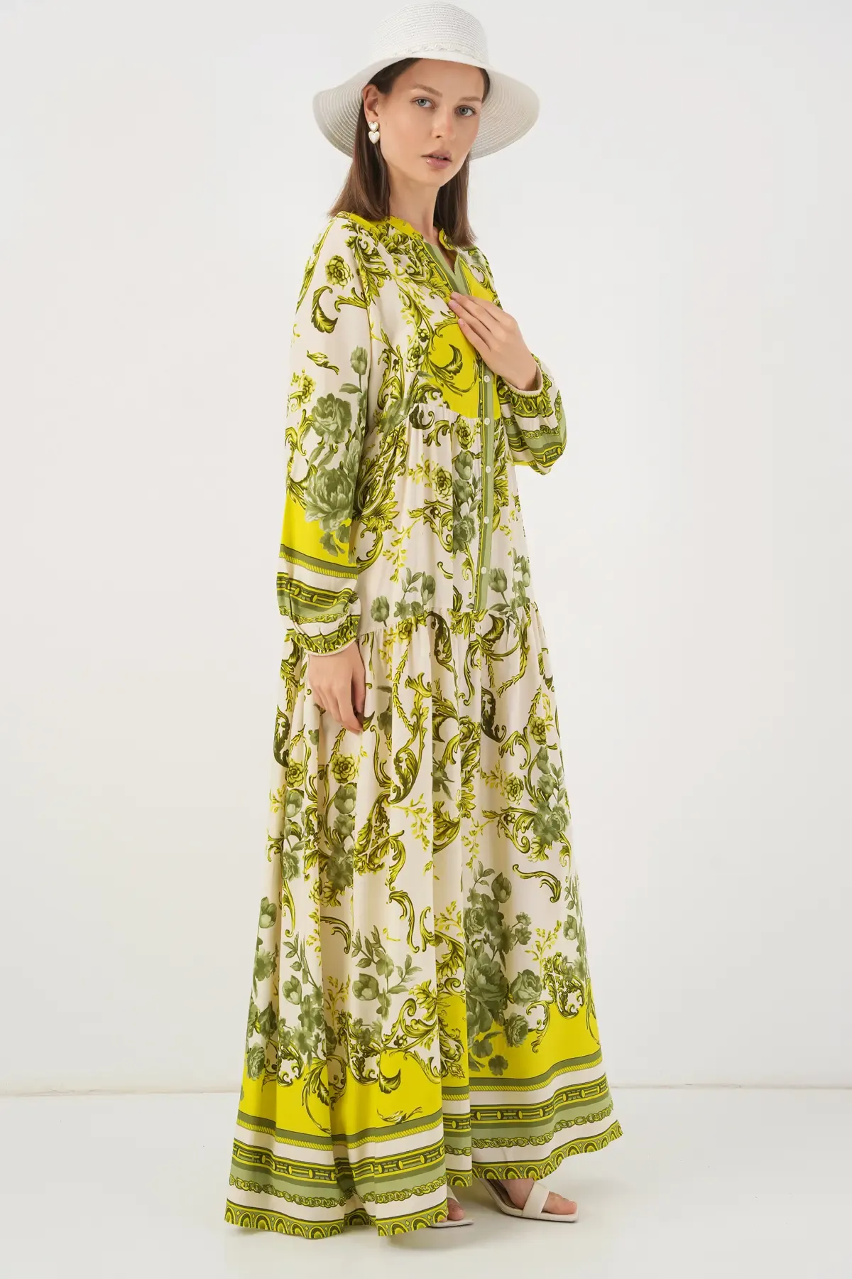 Kadın Desenli Uzun Tesettür Elbise 2585 - E.Yeşil