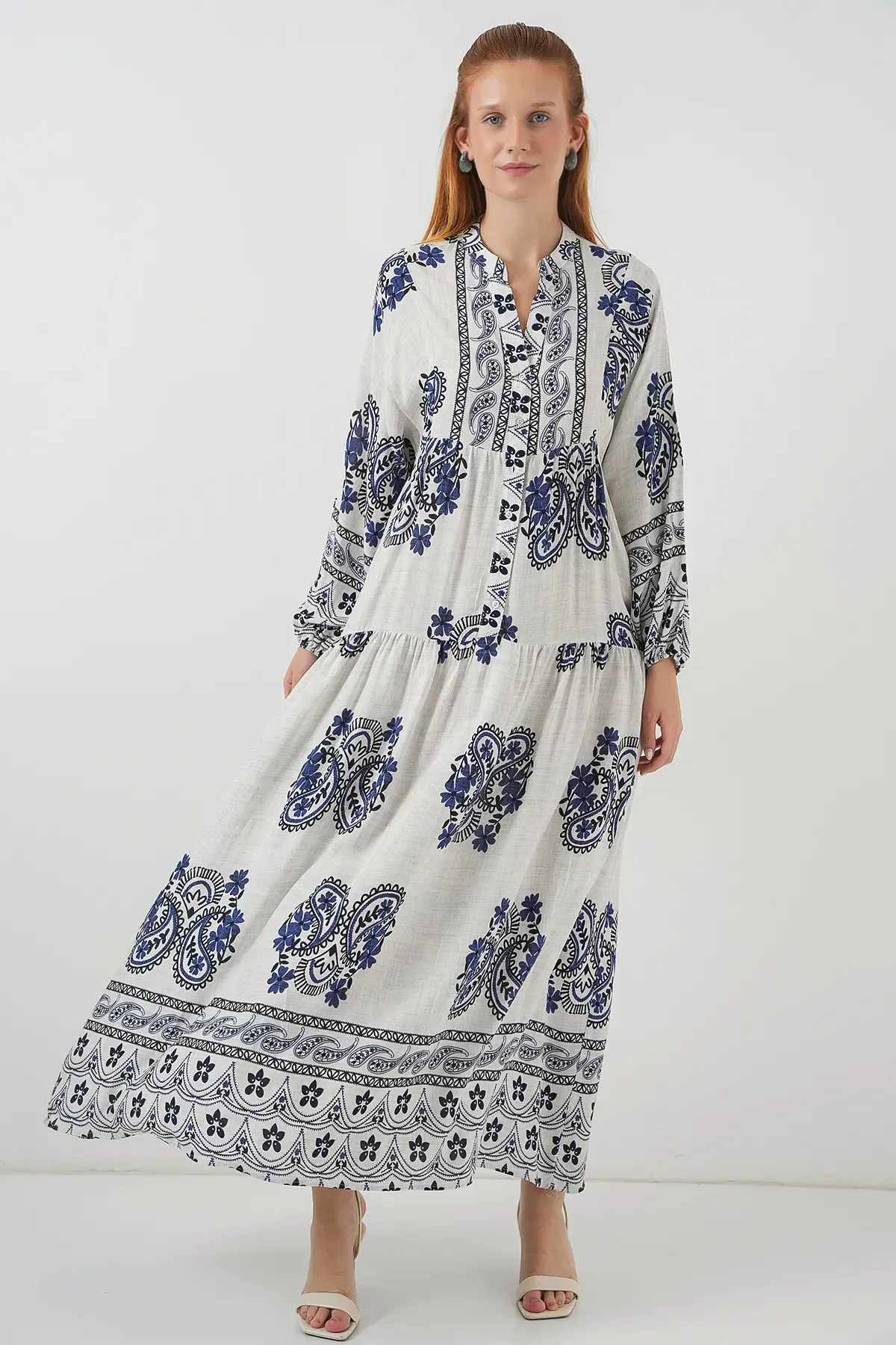 Kadın Desenli Uzun Tesettür Elbise 2585 - F.Lacivert