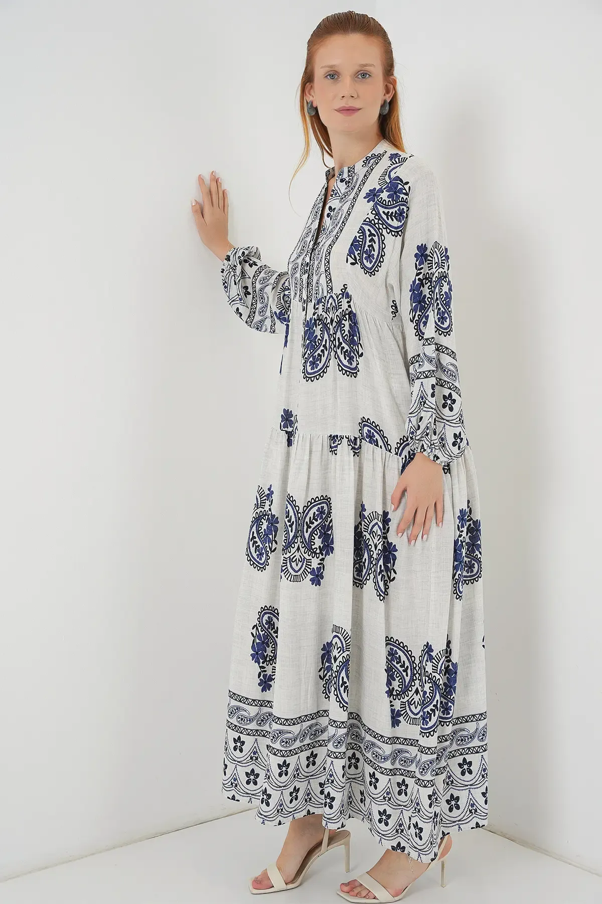 Kadın Desenli Uzun Tesettür Elbise 2585 - F.Lacivert