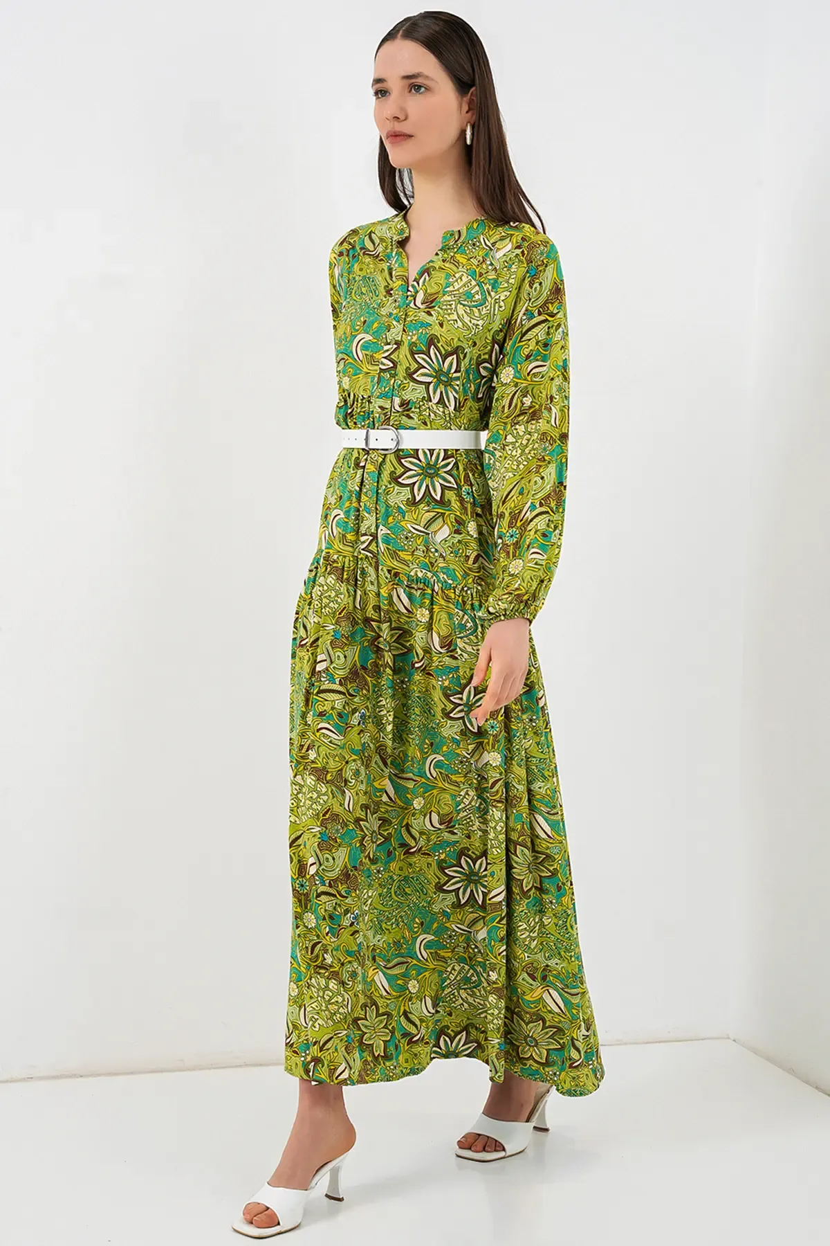 Kadın Desenli Uzun Tesettür Elbise 2585 - G.Yeşil