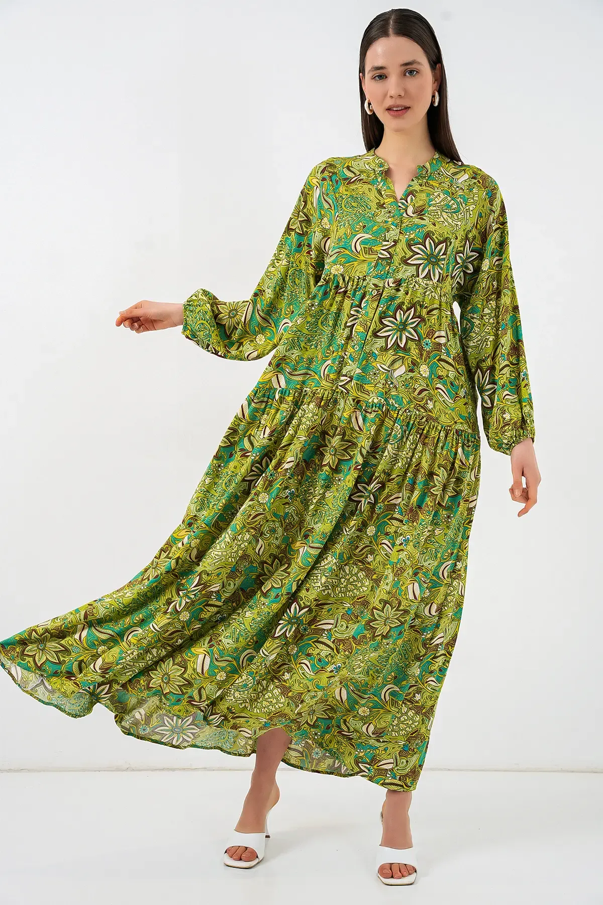 Kadın Desenli Uzun Tesettür Elbise 2585 - G.Yeşil