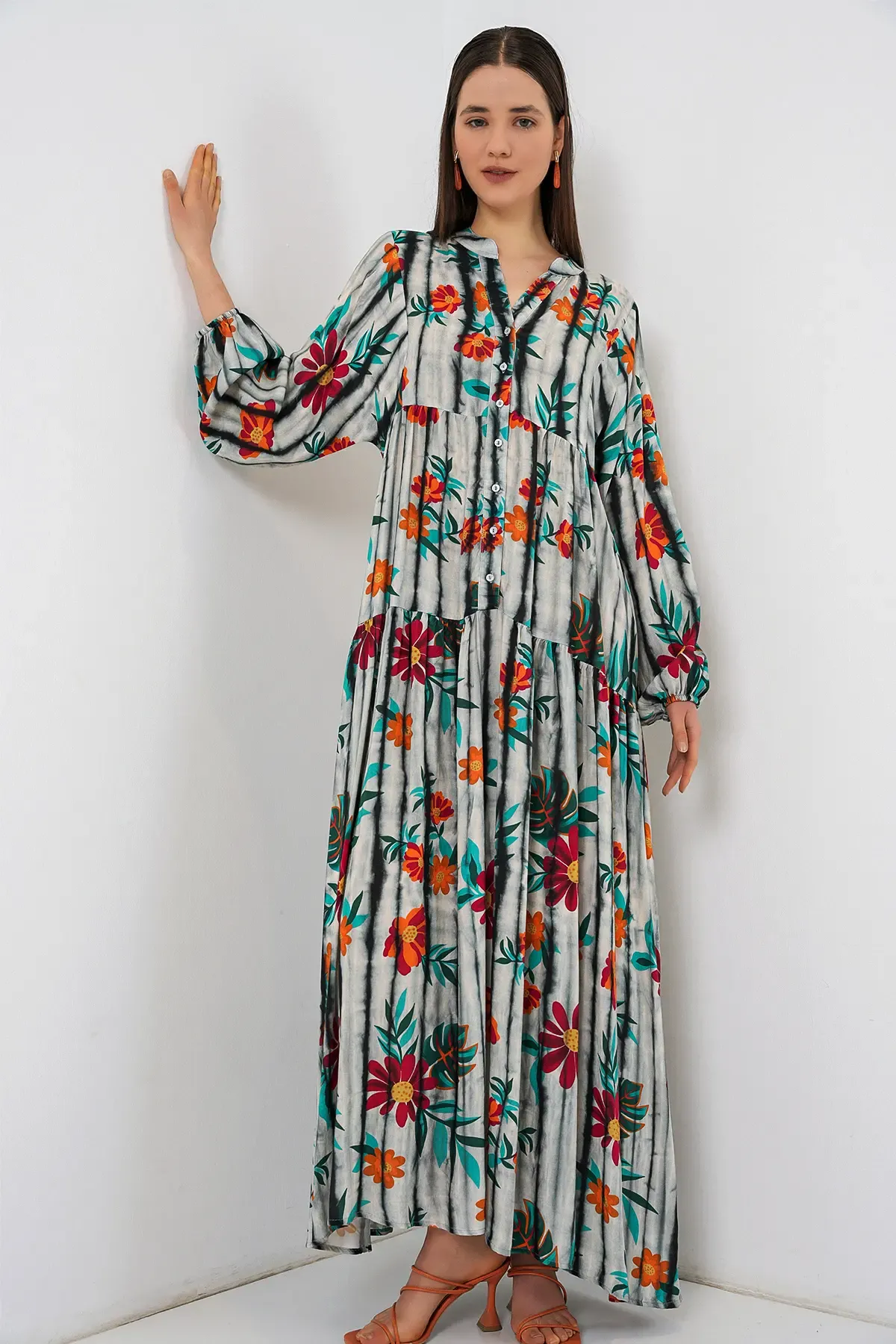 Kadın Desenli Uzun Tesettür Elbise 2585 - K. Antrasit