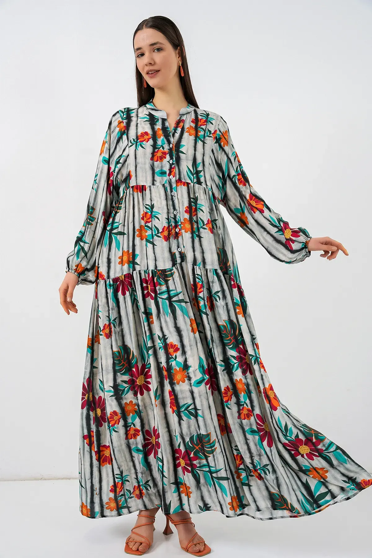 Kadın Desenli Uzun Tesettür Elbise 2585 - K. Antrasit