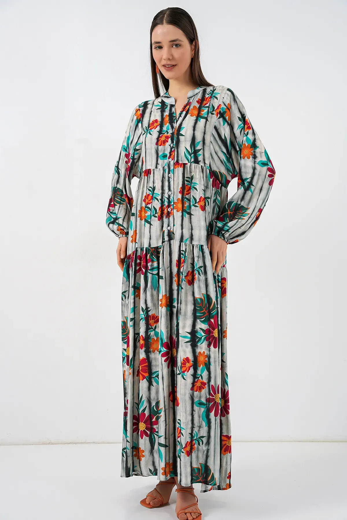 Kadın Desenli Uzun Tesettür Elbise 2585 - K. Antrasit