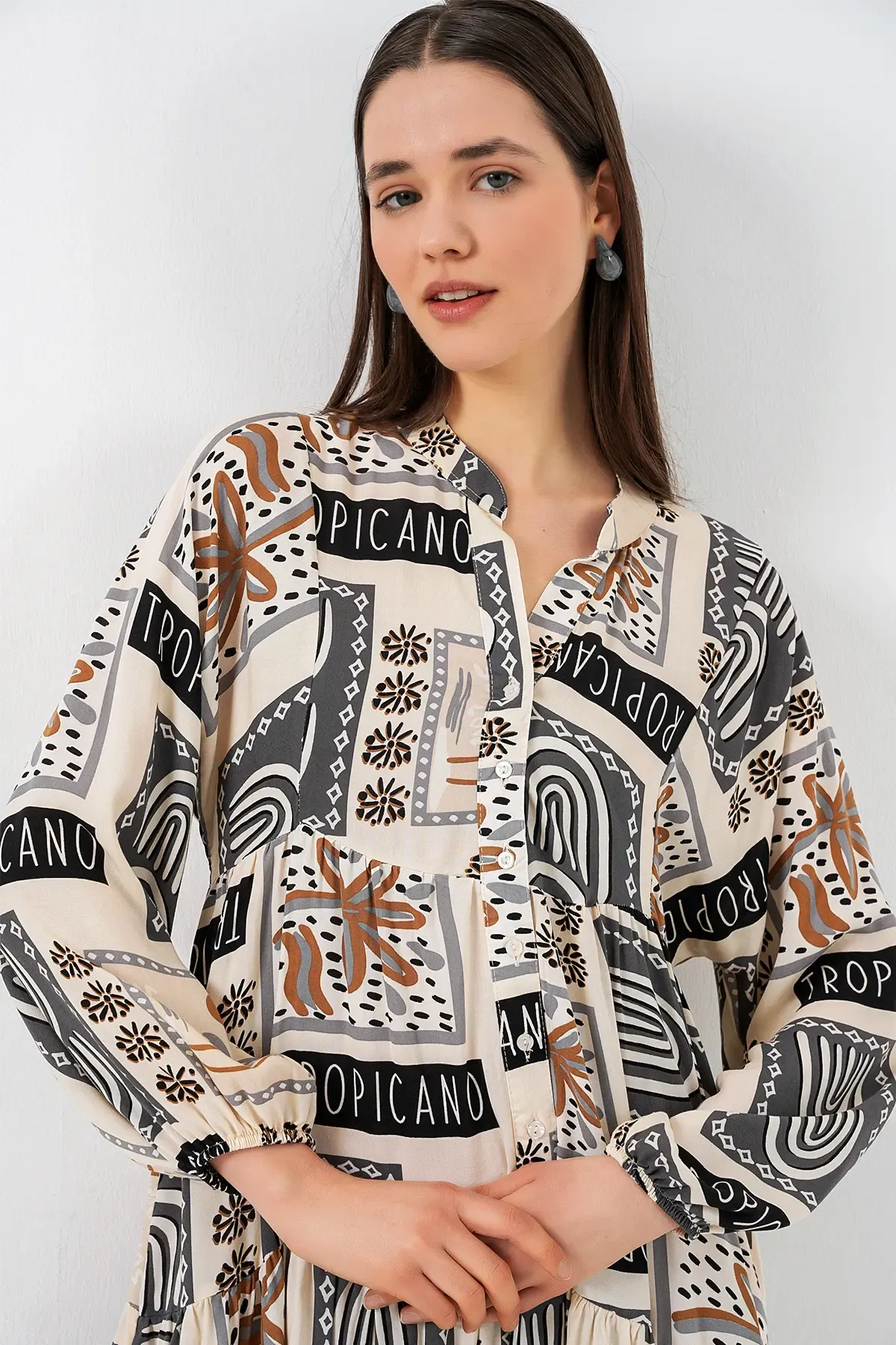 Kadın Desenli Uzun Tesettür Elbise 2585 - K. Bej