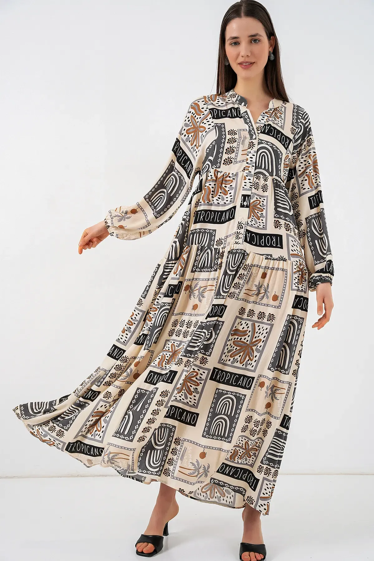 Kadın Desenli Uzun Tesettür Elbise 2585 - K. Bej