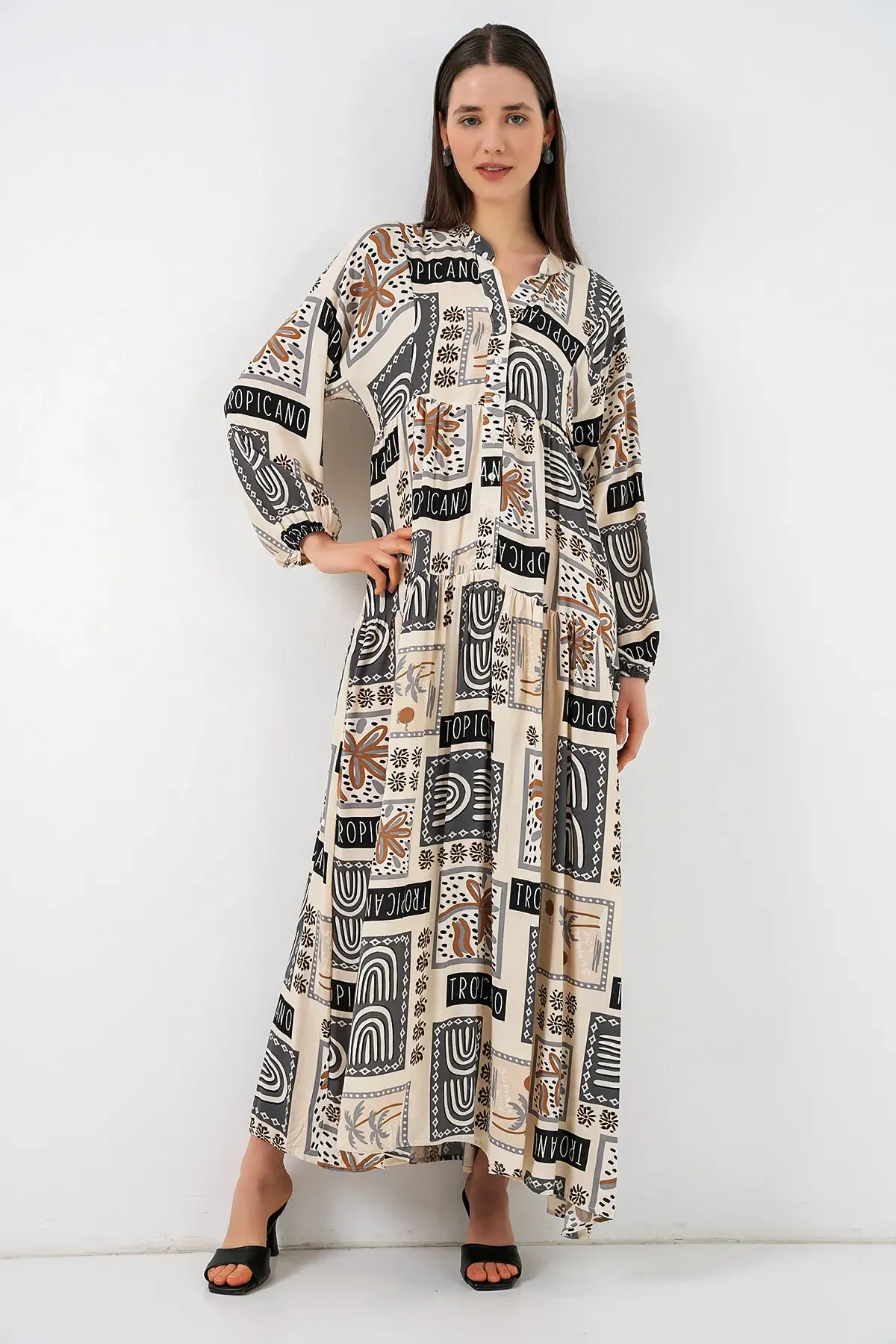 Kadın Desenli Uzun Tesettür Elbise 2585 - K. Bej