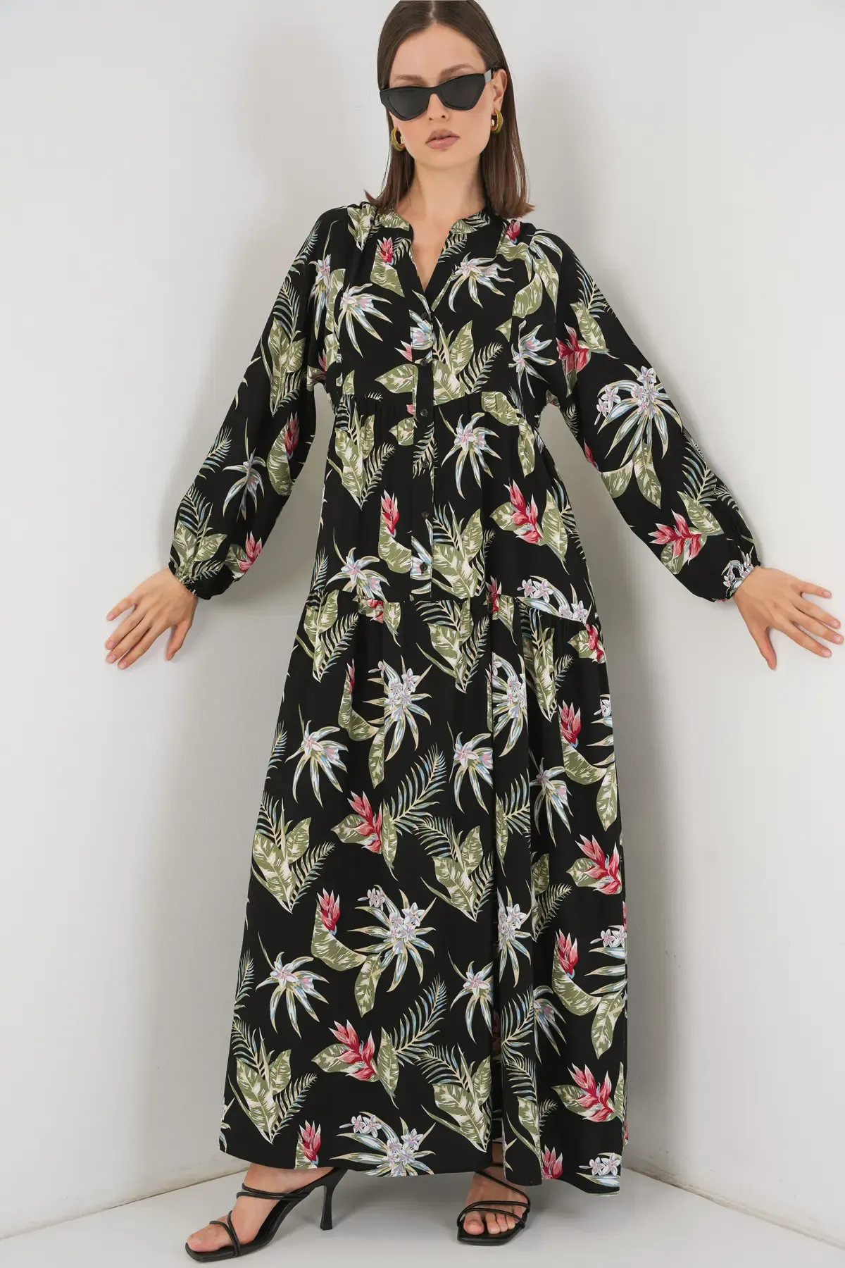 Kadın Desenli Uzun Tesettür Elbise 2585 - K. Siyah