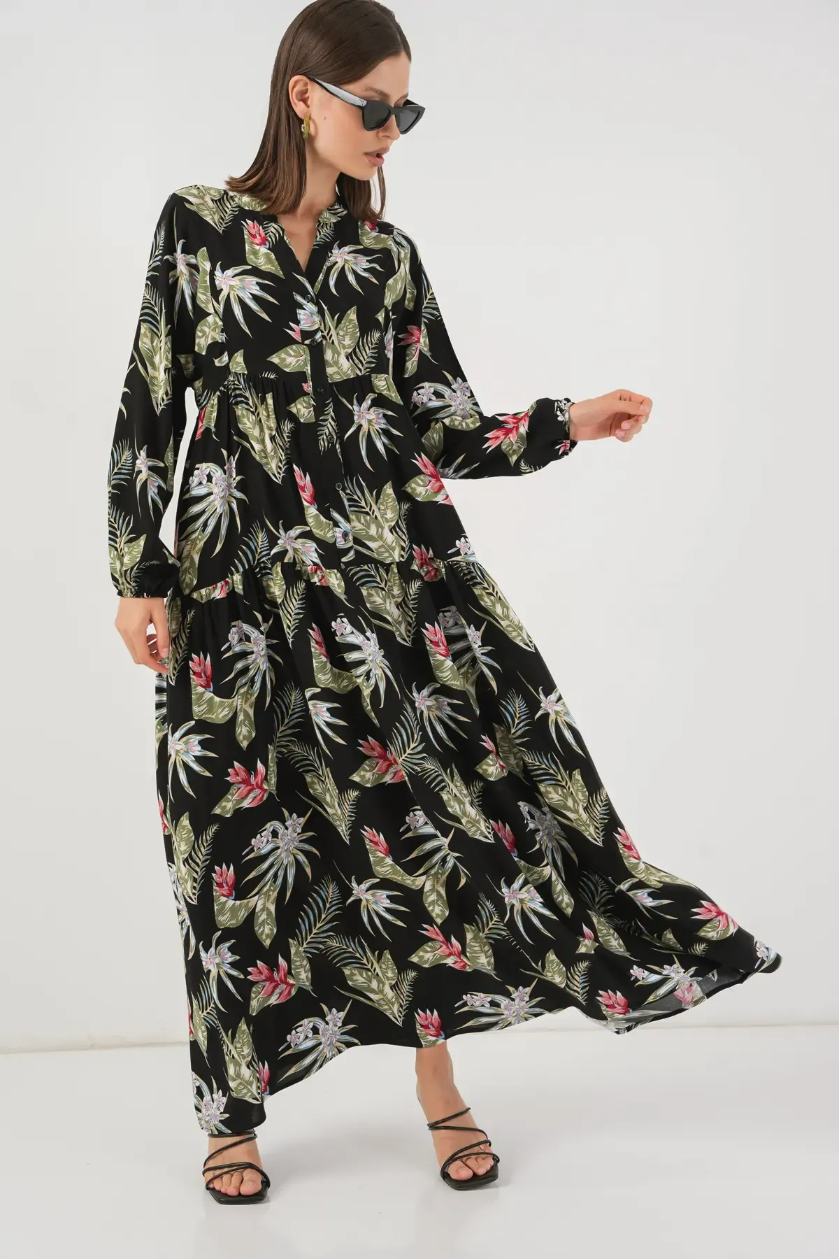 Kadın Desenli Uzun Tesettür Elbise 2585 - K. Siyah