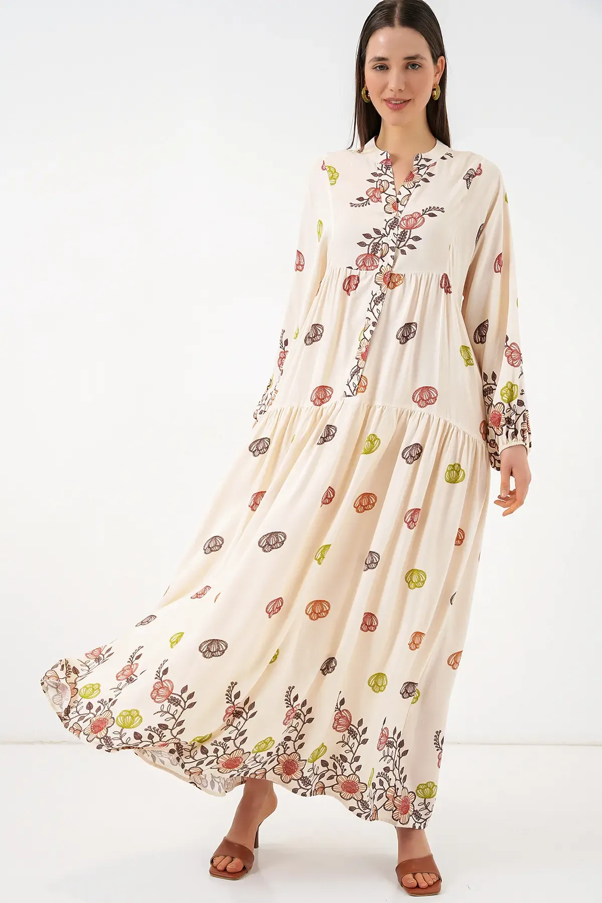 Kadın Desenli Uzun Tesettür Elbise 2585 - Kiremit