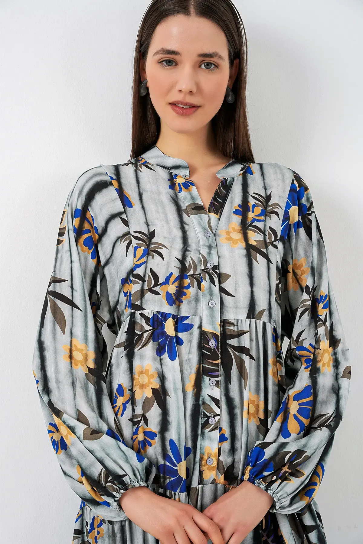 Kadın Desenli Uzun Tesettür Elbise 2585 - Koyu Gri