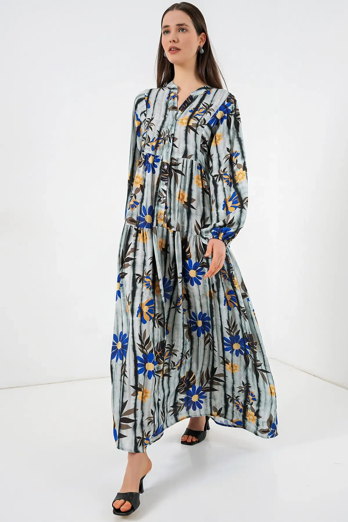 Kadın Desenli Uzun Tesettür Elbise 2585 - Koyu Gri