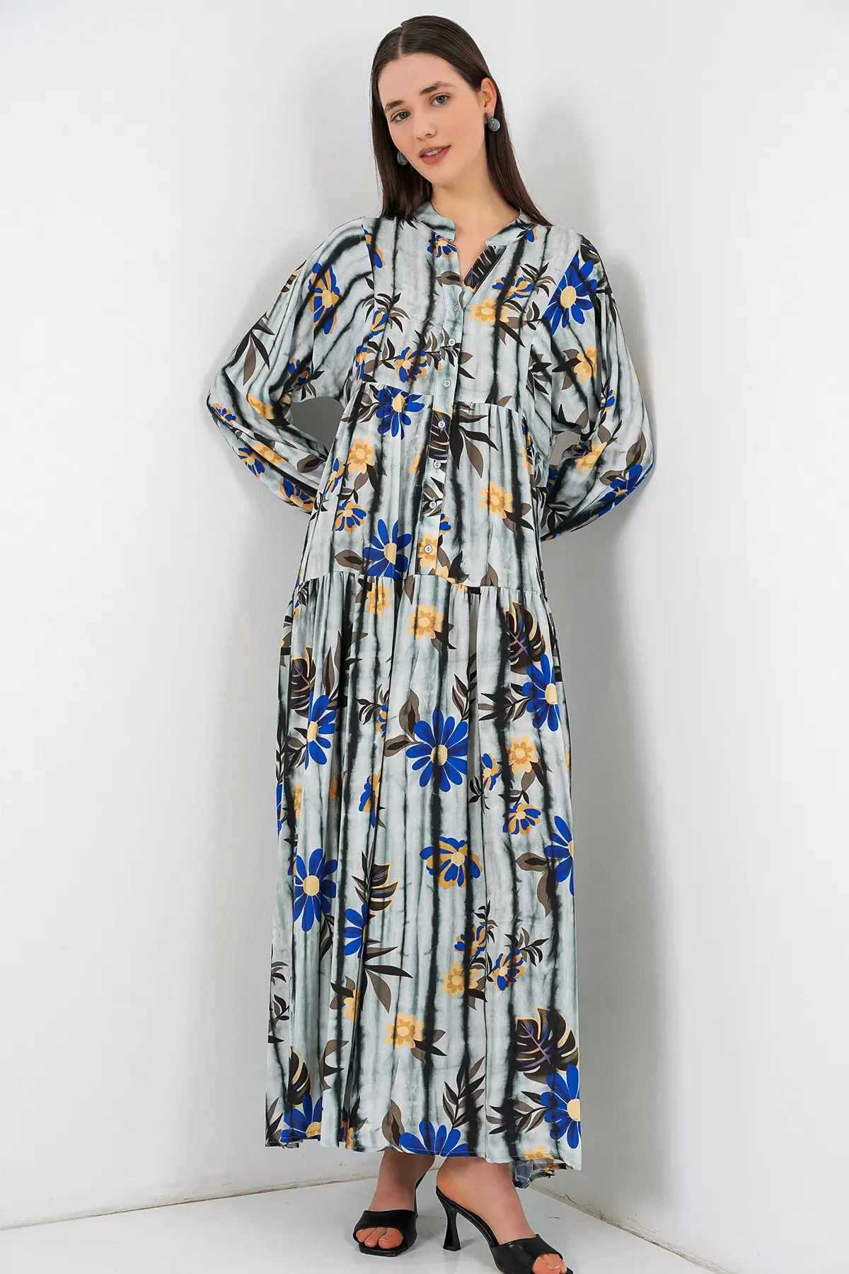 Kadın Desenli Uzun Tesettür Elbise 2585 - Koyu Gri