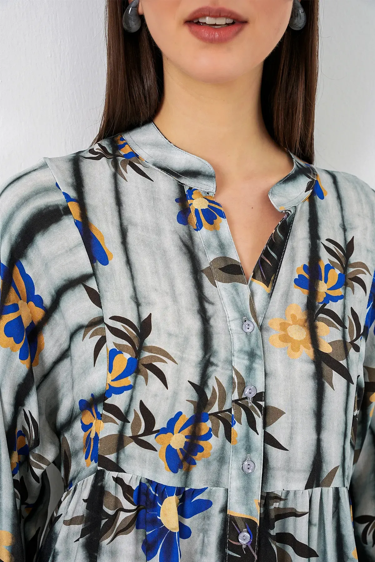 Kadın Desenli Uzun Tesettür Elbise 2585 - Koyu Gri