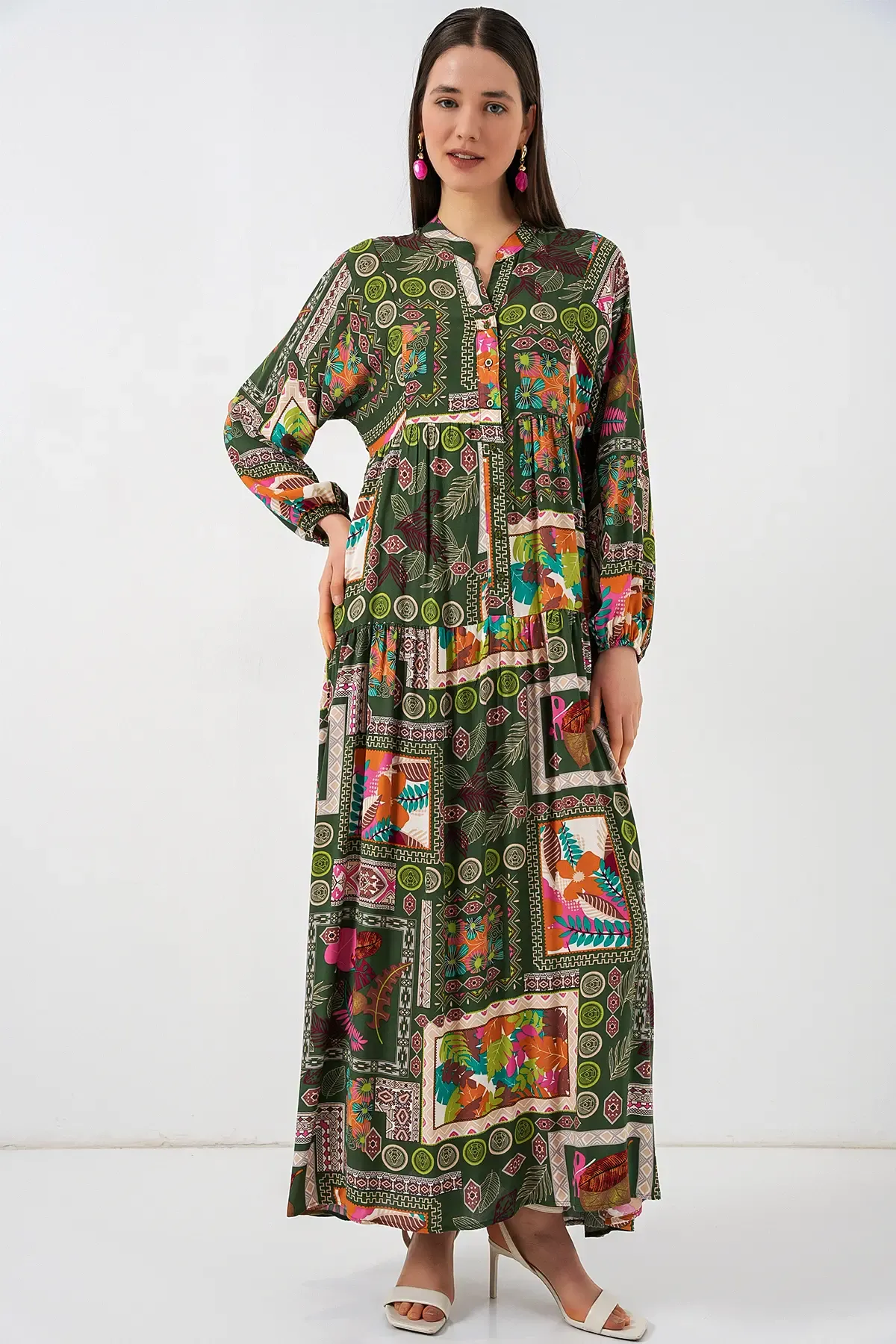 Kadın Desenli Uzun Tesettür Elbise 2585 - Koyu Yeşill