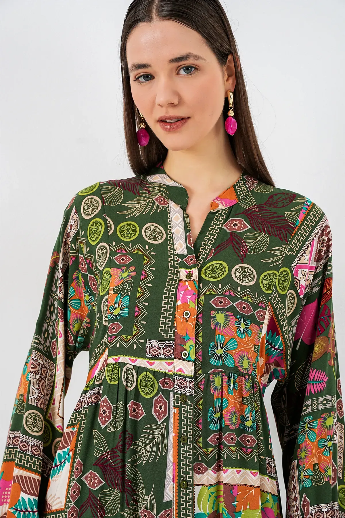 Kadın Desenli Uzun Tesettür Elbise 2585 - Koyu Yeşill