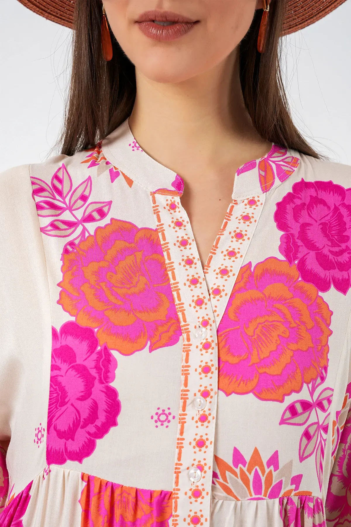 Kadın Desenli Uzun Tesettür Elbise 2585 - L. Fuşya