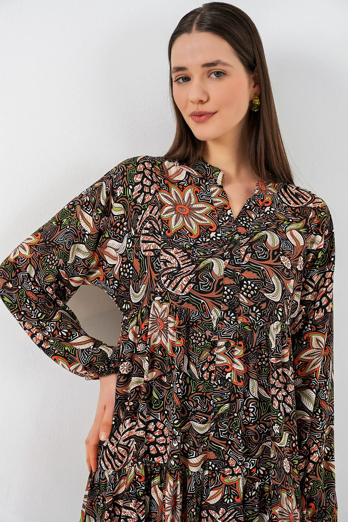 Kadın Desenli Uzun Tesettür Elbise 2585 - L. Siyah