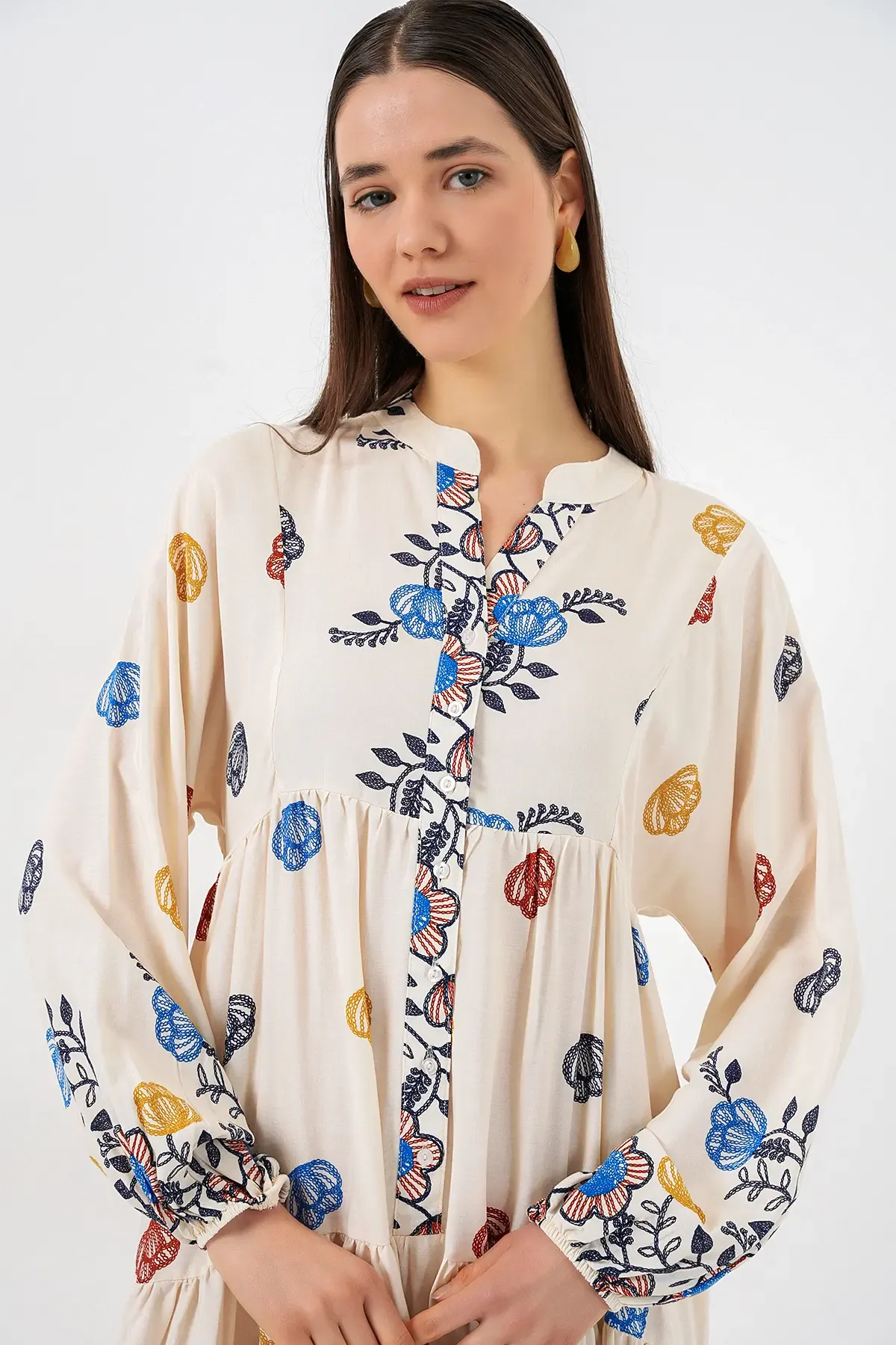 Kadın Desenli Uzun Tesettür Elbise 2585 - Lacivert 8