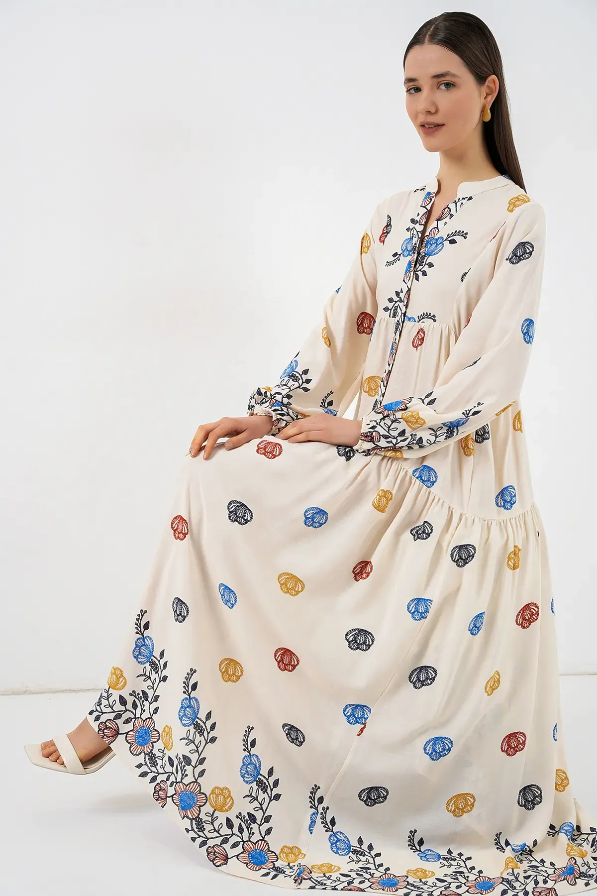 Kadın Desenli Uzun Tesettür Elbise 2585 - Lacivert 8