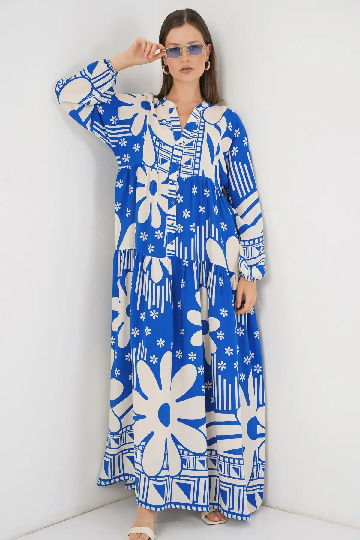 Kadın Desenli Uzun Tesettür Elbise 2585 - Mavi