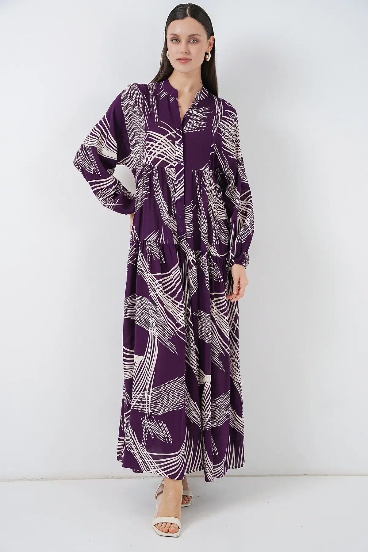 Kadın Desenli Uzun Tesettür Elbise 2585 - Mor