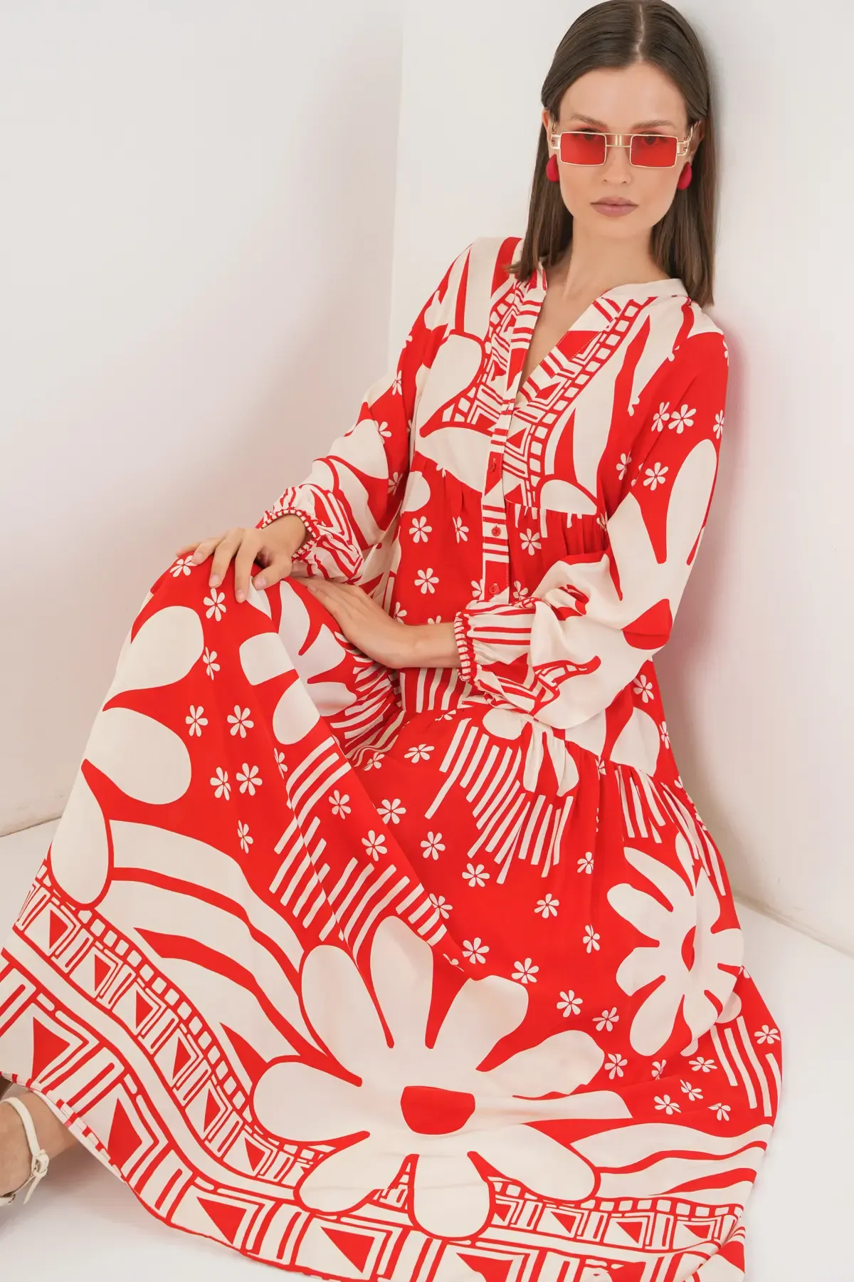 Kadın Desenli Uzun Tesettür Elbise 2585 - N. Kırmızı