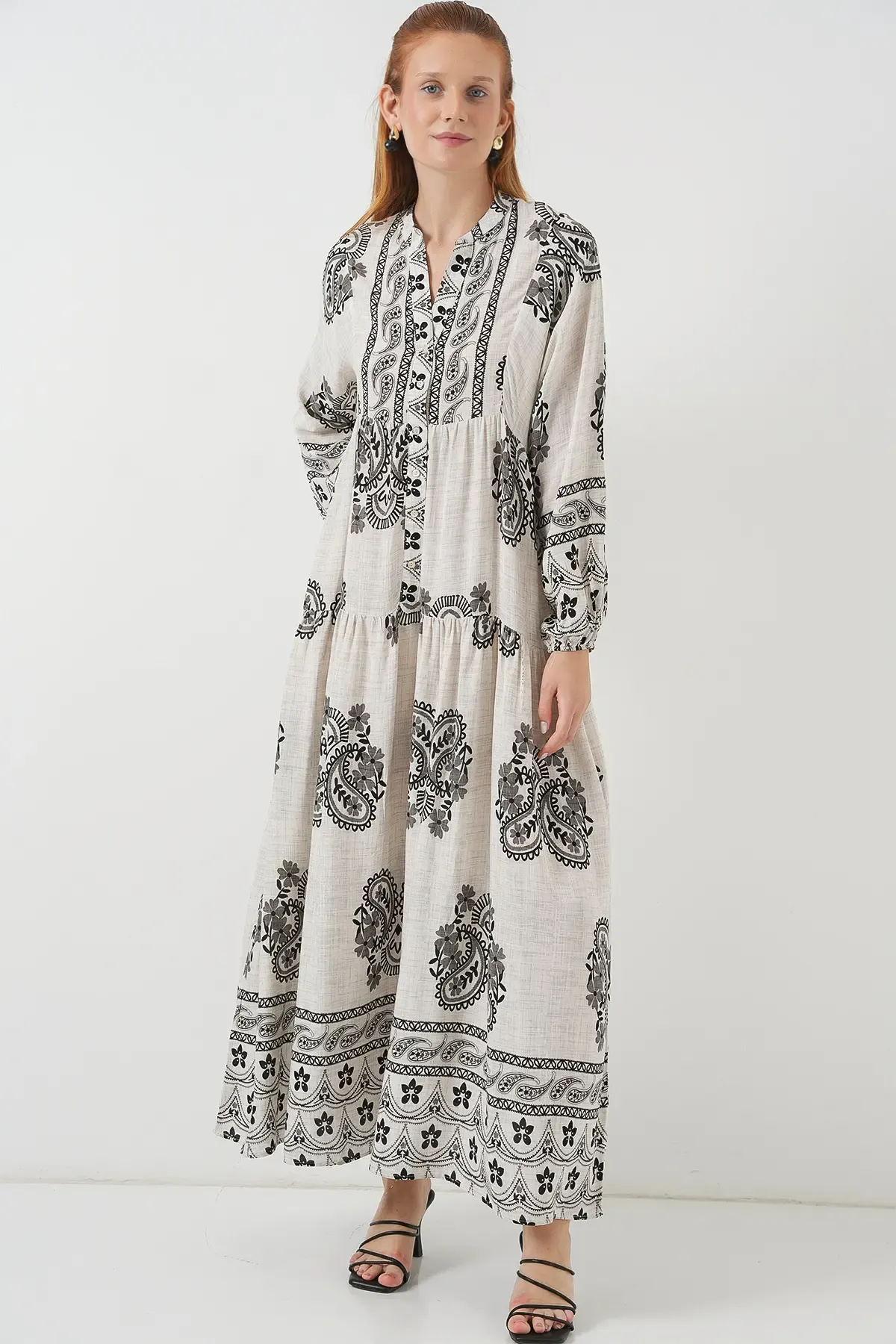 Kadın Desenli Uzun Tesettür Elbise 2585 - Taş