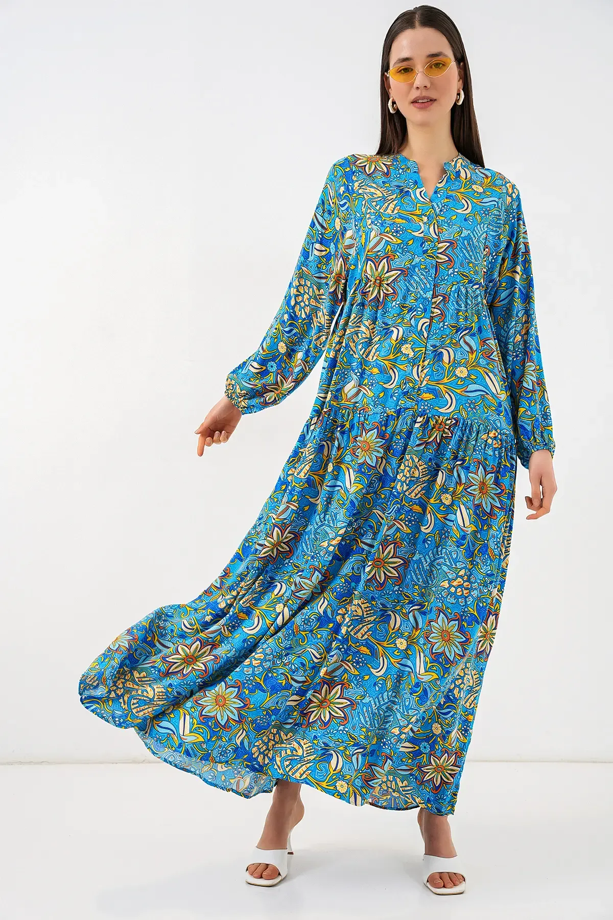 Kadın Desenli Uzun Tesettür Elbise 2585 - Turkuaz