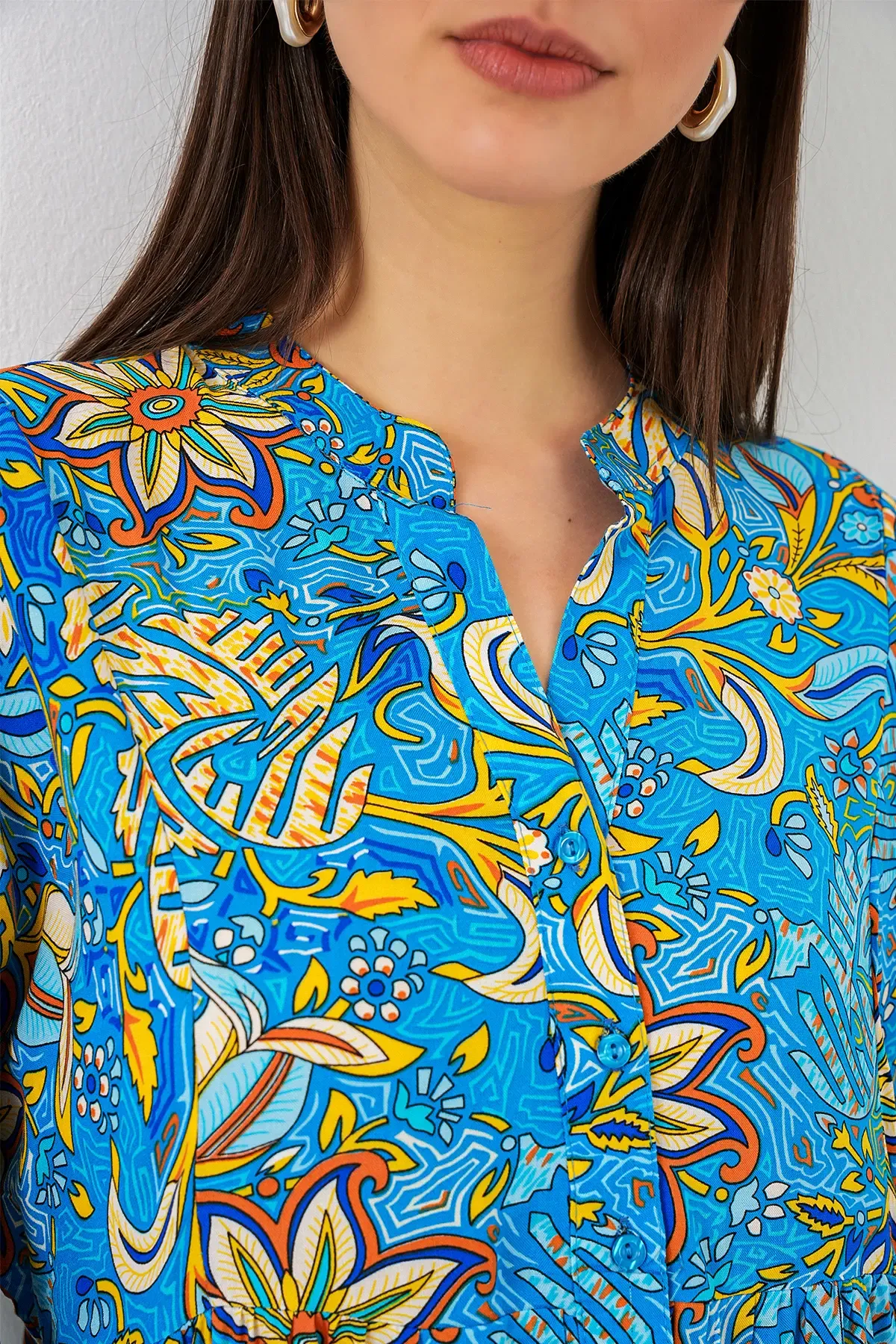 Kadın Desenli Uzun Tesettür Elbise 2585 - Turkuaz