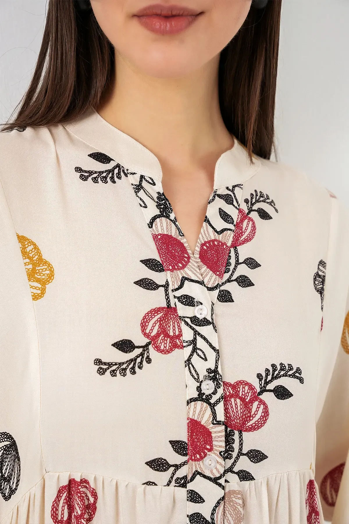 Kadın Desenli Uzun Tesettür Elbise 2585 - Y.Bej