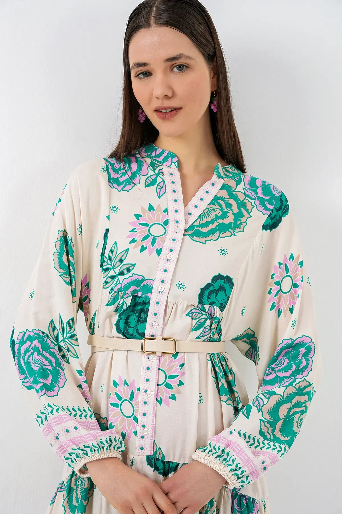 Kadın Desenli Uzun Tesettür Elbise 2585 - Yeşil 1