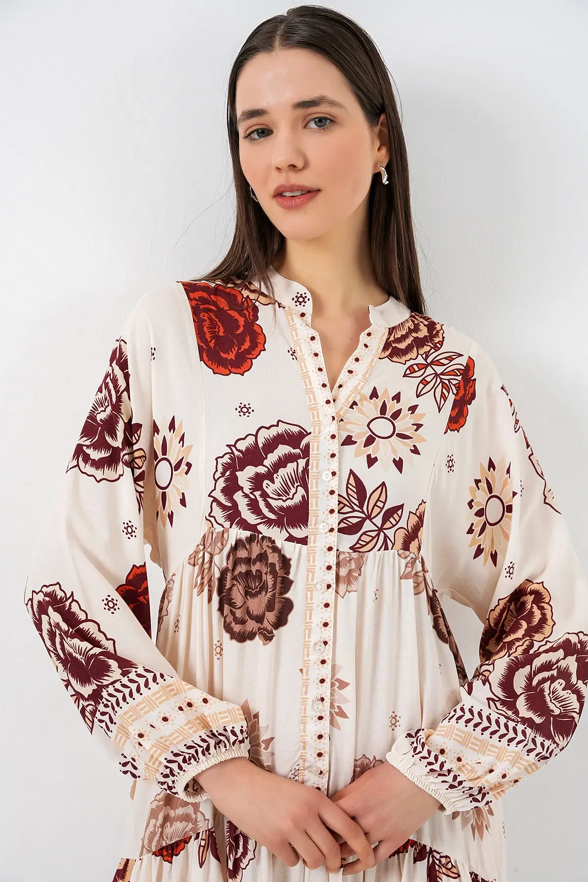 Kadın Desenli Uzun Tesettür Elbise 2585 - Z.Bej