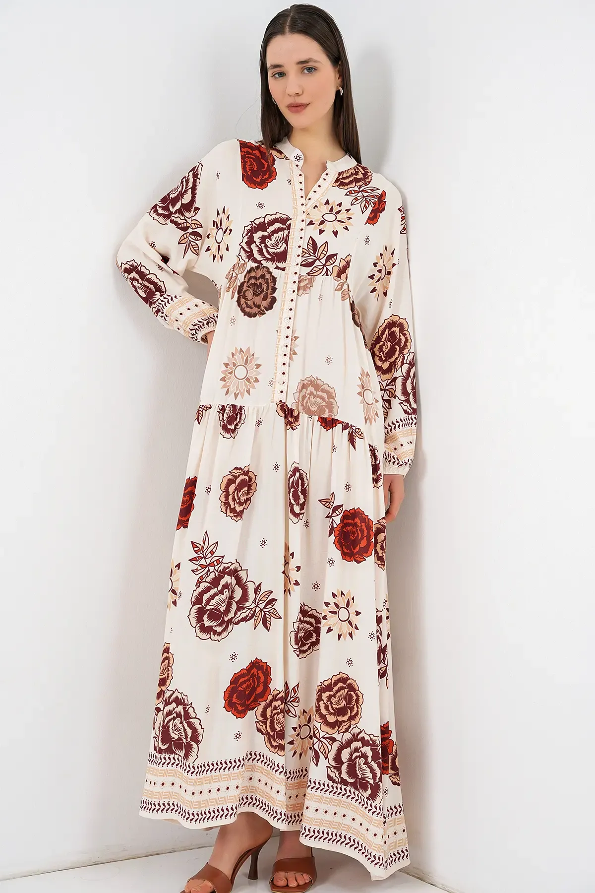 Kadın Desenli Uzun Tesettür Elbise 2585 - Z.Bej