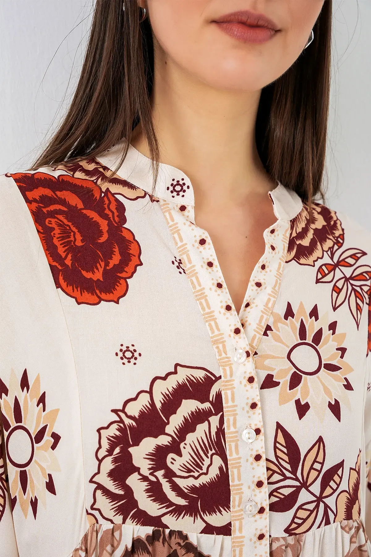 Kadın Desenli Uzun Tesettür Elbise 2585 - Z.Bej