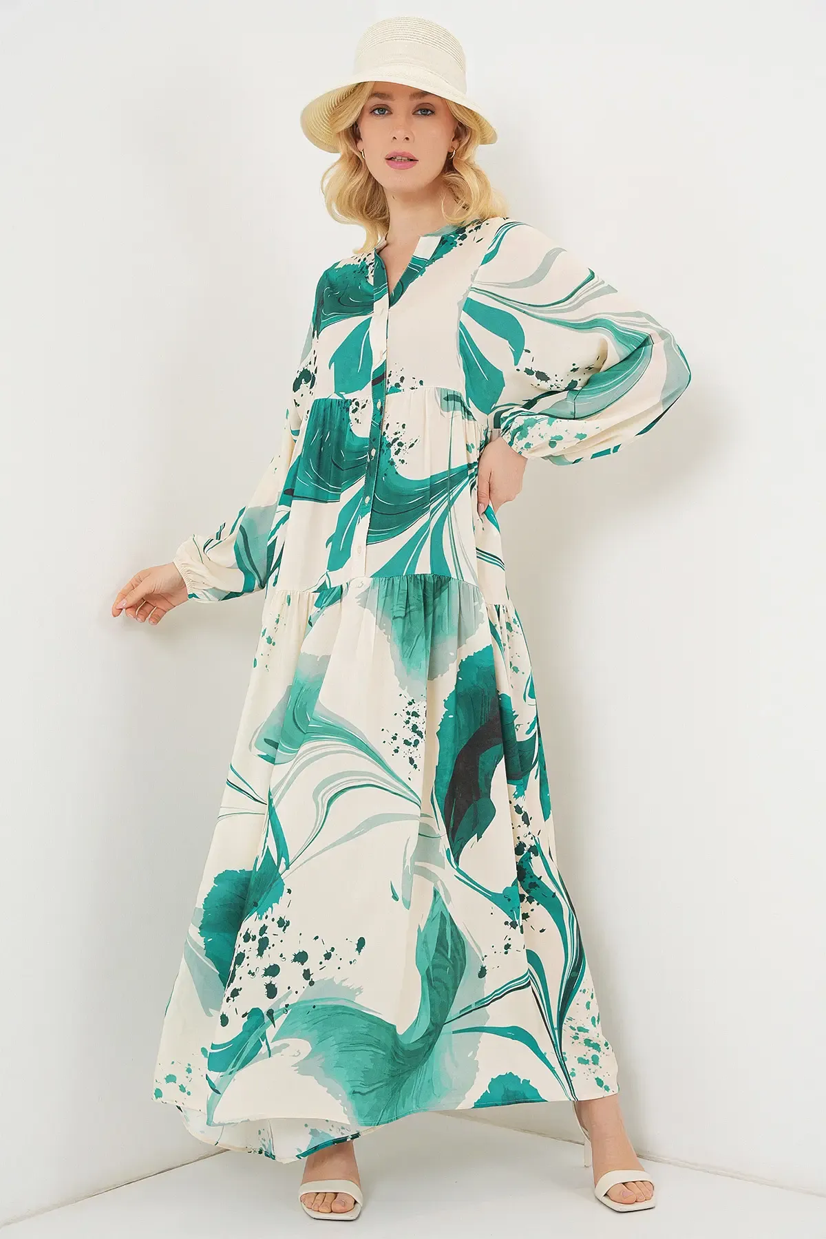 Kadın Desenli Uzun Tesettür Elbise 2585 - Zümrüt Yeşili