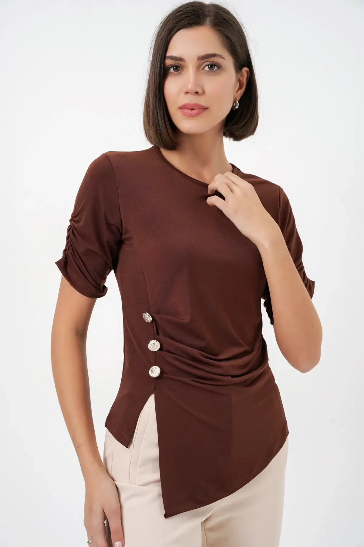 Kadın Düğme Detaylı Sandy Bluz 992 - Kahverengi