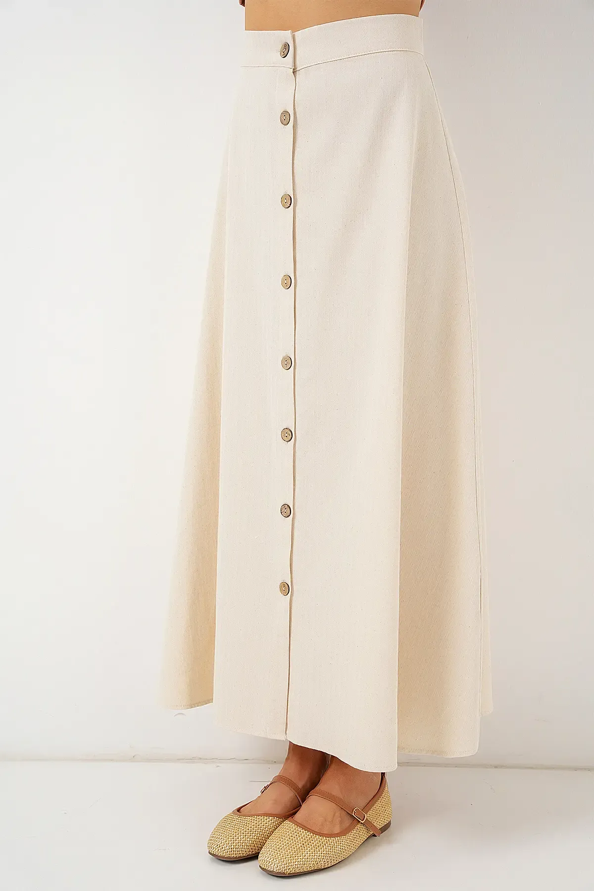 Kadın Düğmeli Keten Uzun Etek 8046 - Krem