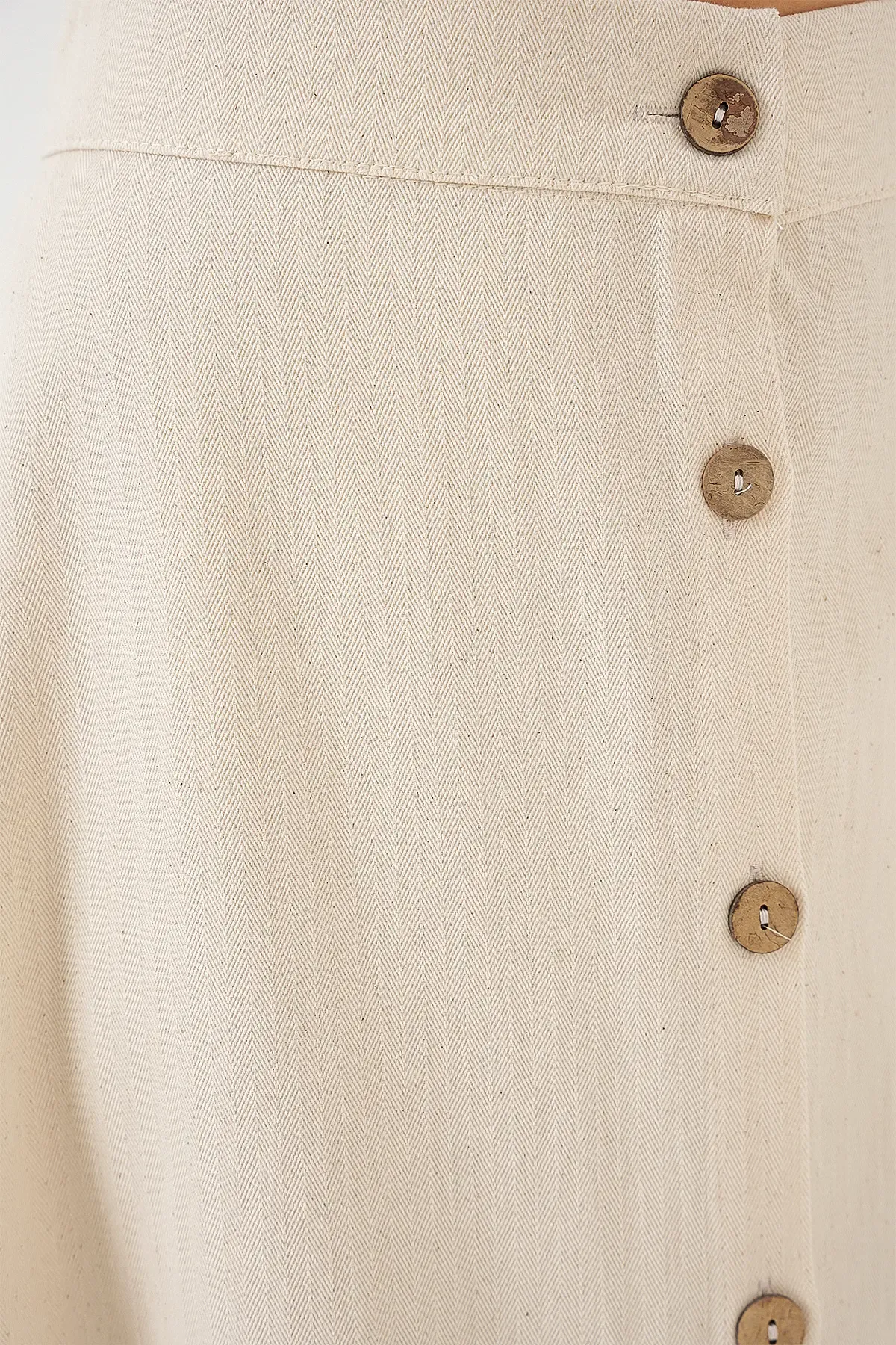 Kadın Düğmeli Keten Uzun Etek 8046 - Krem