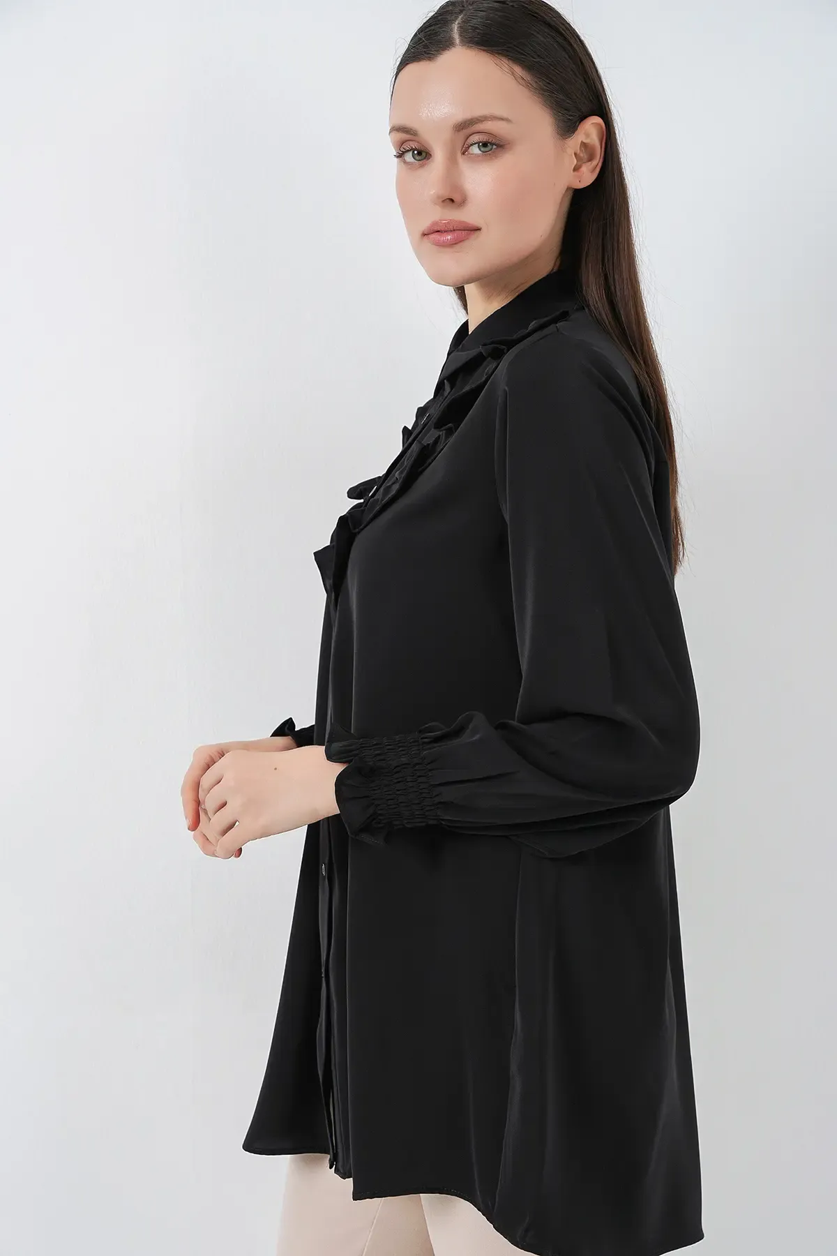 Kadın Fırfırlı Uzun Gömlek Tunik 5986 - Siyah